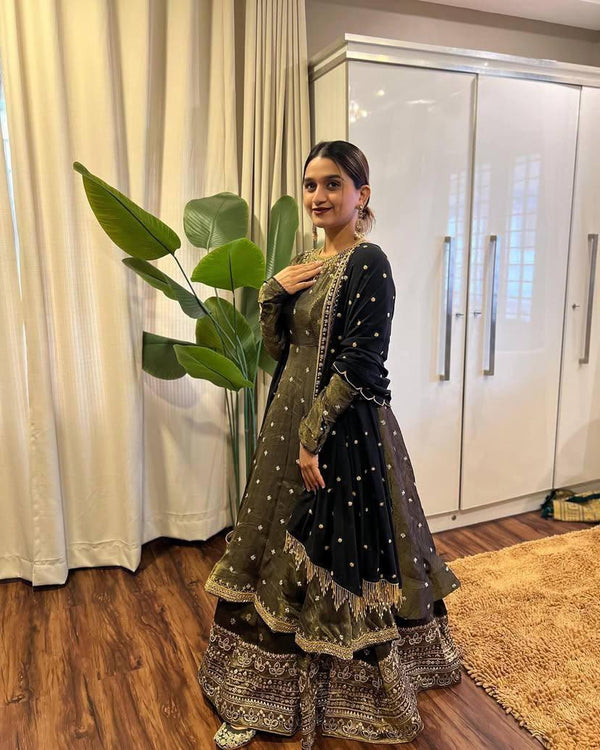 Olive Green Sharara Set with Velvet Dupatta