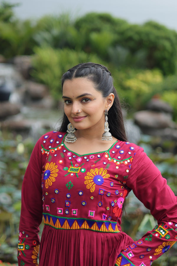 Tiered Mahroon Gown with Mirror & Gamthi