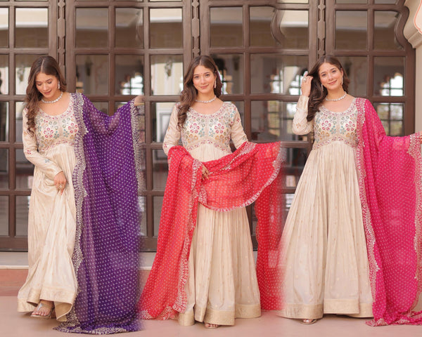 Ivory Anarkali Gown with Multicolor Mirror Work & Bandhej Dupatta
