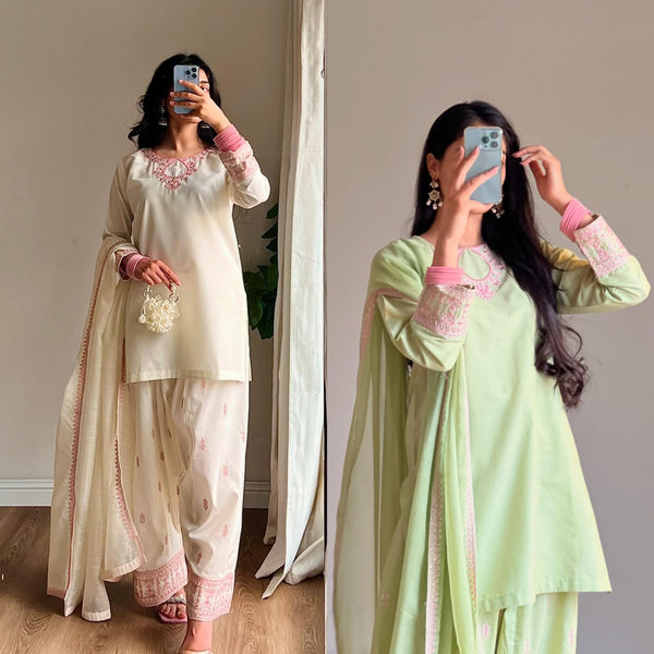 Noor-E-Pastel Hand Embroidered Cotton Suit Set