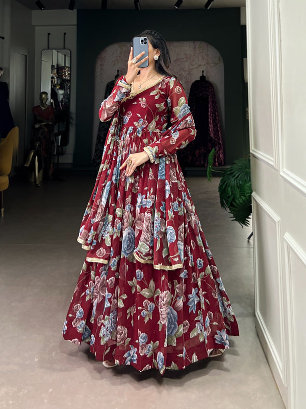 Wine Bloom Floral Gown set