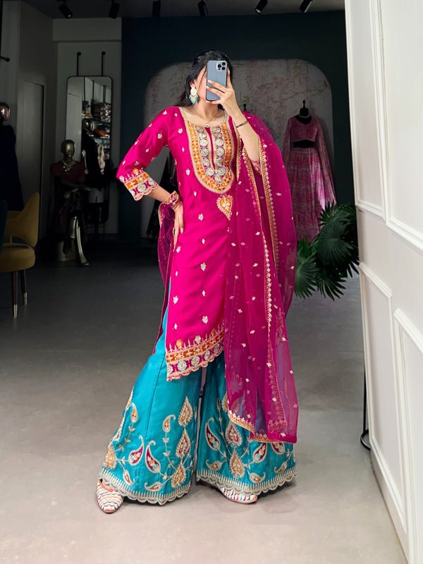 Fuchsia & Aqua Embroidery Sharara Set