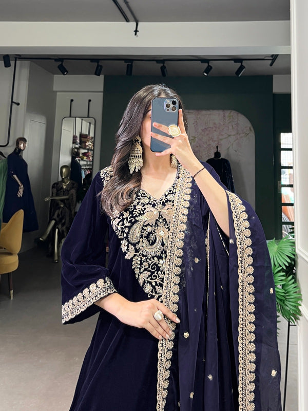 Midnight Blue Velvet Embroidered Suit Set