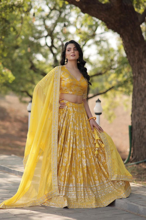 Saanvi Mustard Yellow Bnarsi Lehenga Set