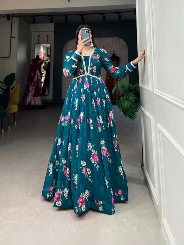 Teal Bloom Embroidered Anarkali Gown