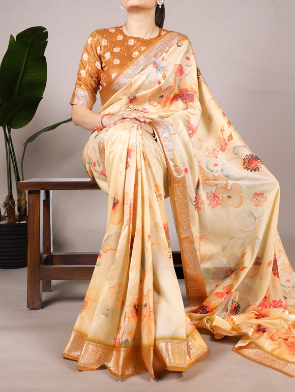 Aarohi Cream Floral Tussar Silk Saree