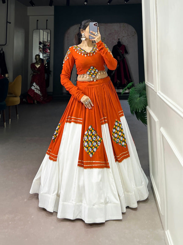 Rust Orange & Ivory Mirrorwork Lehenga Set