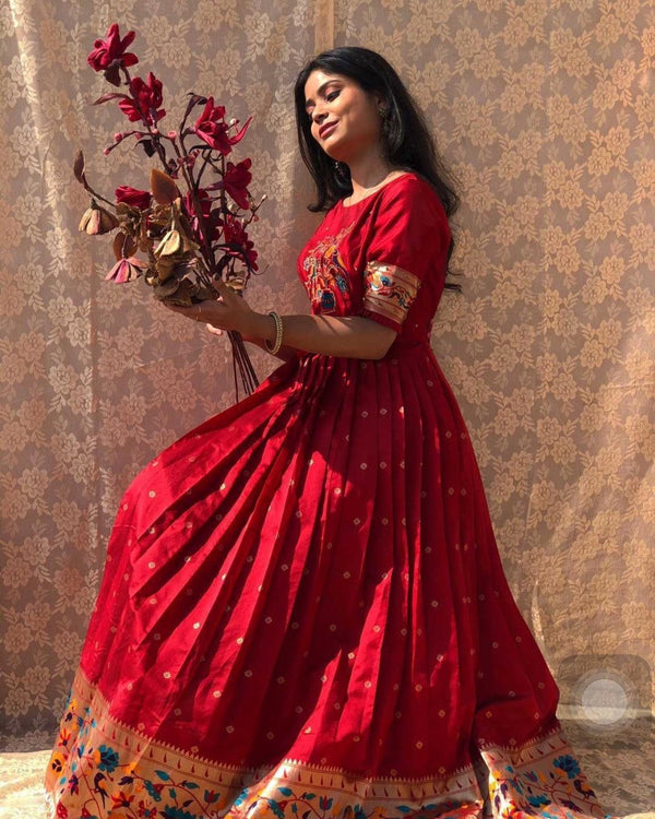 Radiant Red Jacquard Silk Anarkali Gown