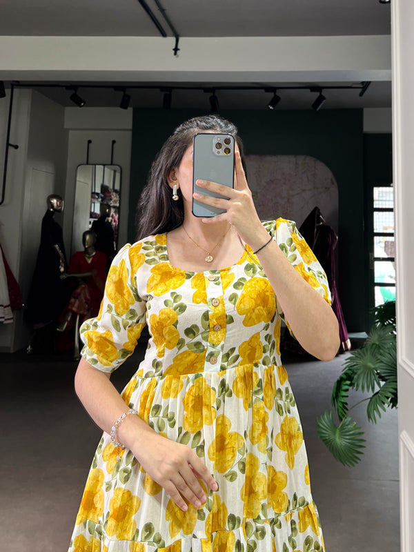 Floral Printed Midi Dress with Puff Sleeves
