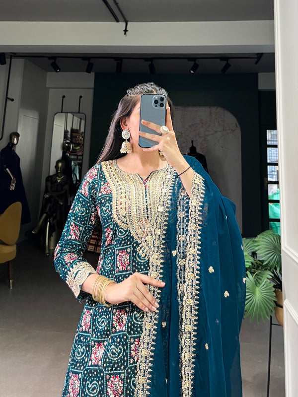 Block Print Straight Suit with Embroidered Dupatta